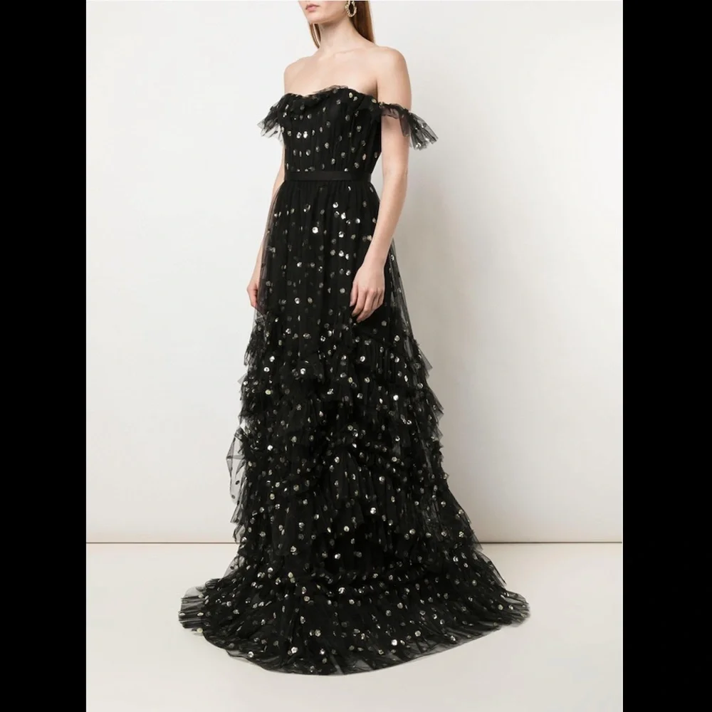 Marchesa Notte Off Shoulder Polka Dot Sequin Gown - Picture 2 of 12